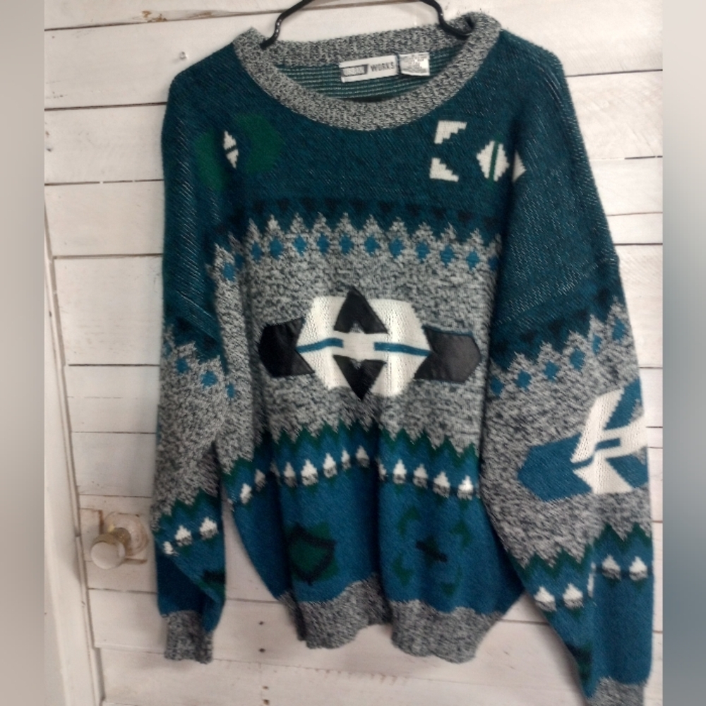 Vintage 90s Urban Works Knit Pathwork Crewneck Sweater XL Leather Trim Oversized